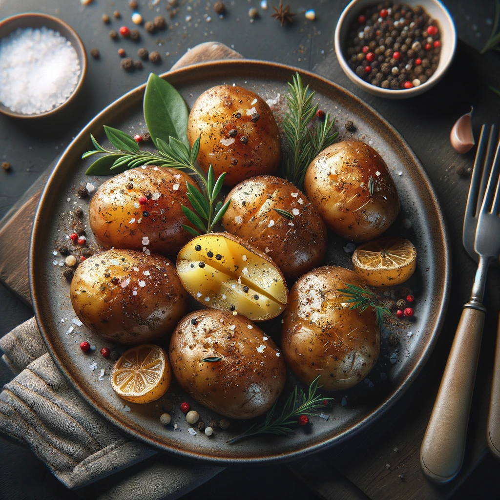 Baked potatoes on a plate, decorated with salt, pepper, and various herbs