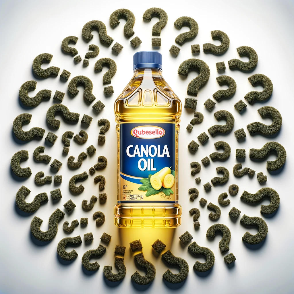 Canola oil with question marks surrounding it, representing the uncertainty about whether to consume it or not