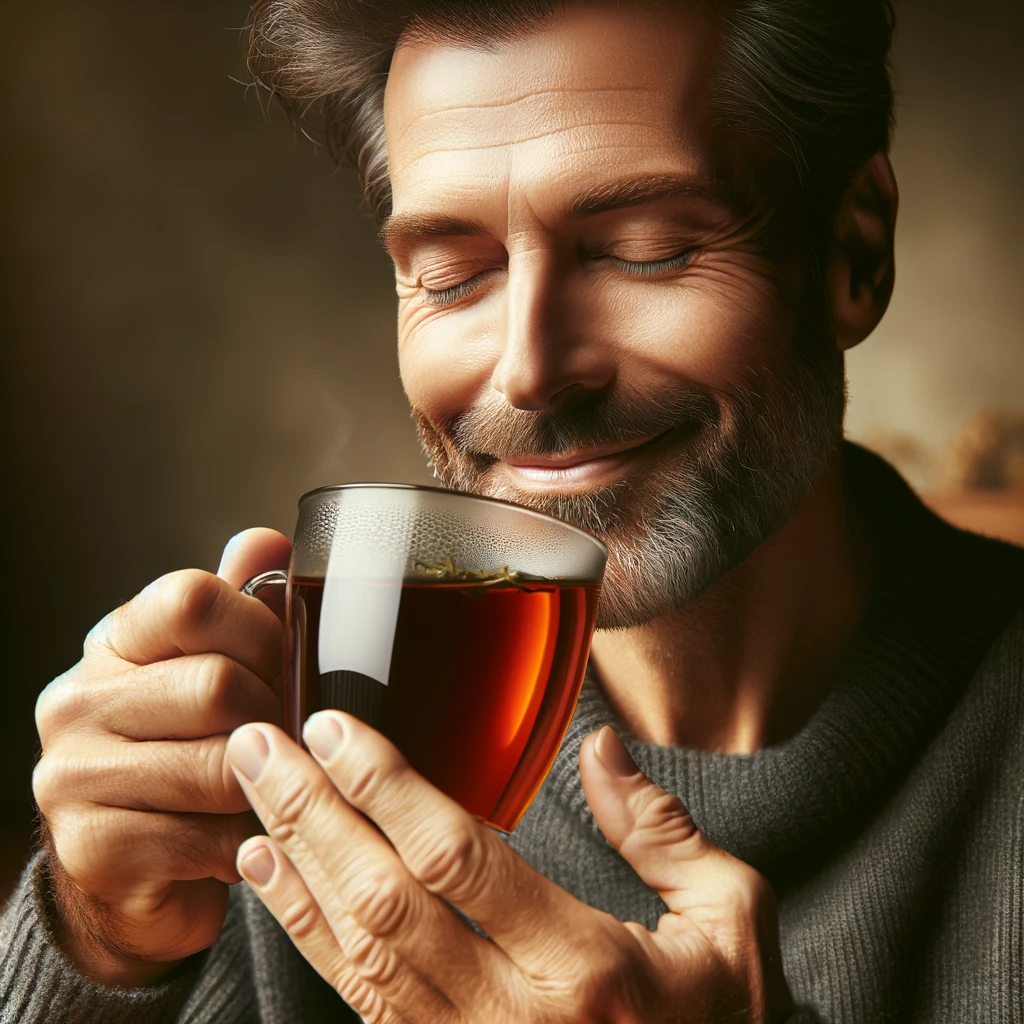 Man sipping black tea with the moment of enjoyment and relaxation